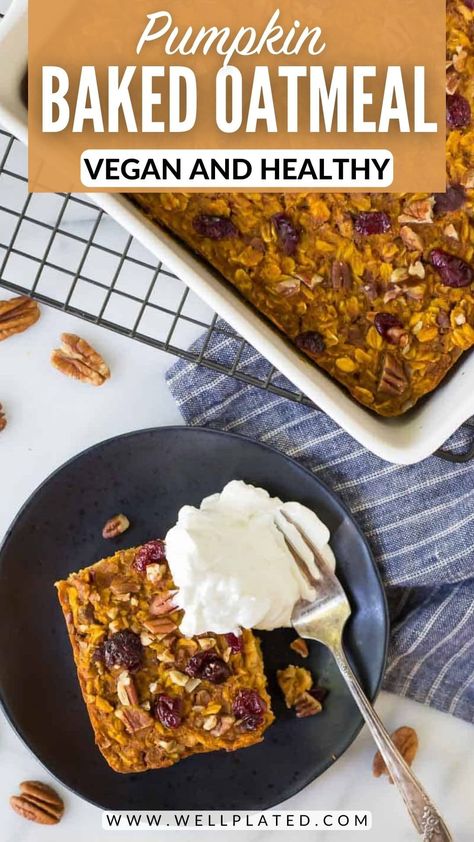 Healthy Pumpkin Baked Oatmeal with maple syrup, cranberries, and pecans. No sugar! Super filling and absolutely delicious! Pumpkin Baked Oatmeal, Healthy Egg Recipes, Homemade Soup Recipe, Sugar Pumpkin, Oatmeal Breakfast, Healthy Pumpkin, Breakfast On The Go, Make Ahead Breakfast, Breakfast Bake