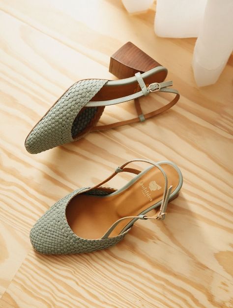 Madara Grey Green - Mid-heeled slingback sandals with braided front in green grey leather Affordable Casual Block Heel Slingback Sandals, Low Block Heel Wedding Shoes, Birkenstock Heels, Trending Heels, Heels Aesthetic, Wedge Loafers, Slingback Heels, Slingback Sandals, Slingbacks