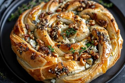 Blue Cheese, Walnut, and Thyme Pull Apart Puff Pastry Twirl - cookefast.com Blue Cheese Walnut Thyme Pull Apart, Puff Pastry Pull Apart Recipes, Pull Apart Puff Pastry, Pull Apart Recipes, Cheese Pull Apart, Pastry Dishes, Puff Pastry Appetizers, Cheese Puff Pastry, Brunch Spread