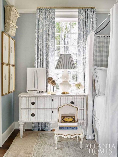 Beautiful blue bedroom with canopy bed and beadboard chest Blue Painted Door, Light Blue Grey Paint, Grey Bedroom Paint, Warm Grey Paint Colors, Blue Gray Paint Colors, Light Blue Paints, Blue Gray Paint, House Of Turquoise, Blue Paint Colors