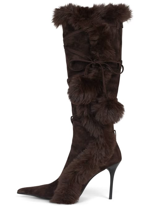 Pointed-toe stiletto knee-high boot with faux-fur and wrap-around detail Fits true to size Measurements taken from size 7 4" Heel, 0.25" Platform 14" Shaft, 14" Leg Opening Zipper closure Cool Knee High Boots, Heel Boots With Fur, Summer Knee High Boots, Fur Boots Heels Outfit, Vintage Fur Boots, Stiletto Black Boots, Fur Boot Heels, Knee High Chunky Boots Outfit, Fur Boots Aesthetic