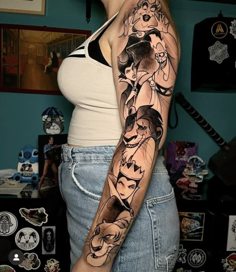 Dark Disney Tattoo, Halloween Tattoos Sleeve, Delicate Tattoos For Women, Disney Sleeve Tattoos, Mum Tattoo, Disney Sleeve, Neck Tattoos Women, Cartoon Character Tattoos, Muster Tattoos