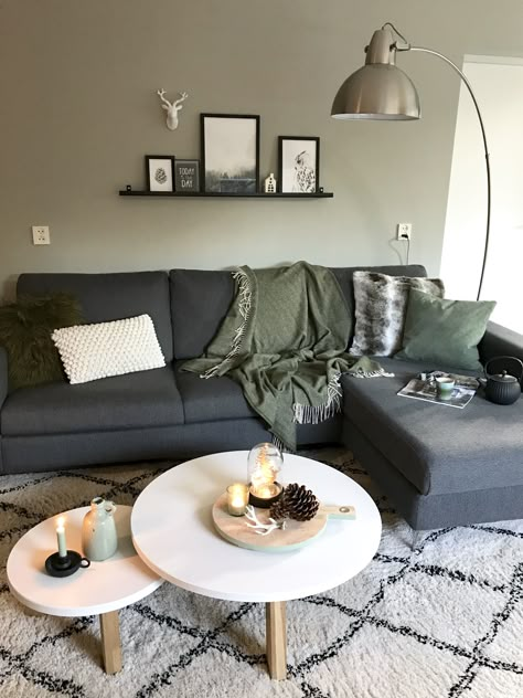 Living Room Set Up 2 Couches, Gray Walls Apartment, Dark Grey And Sage Living Room, Sage Green And Dark Grey Living Room, Olive And Gray Living Room, Sage Green And Black Living Room Decor, Grey Living Room Green Accents, Grey Couch Green Accents, Grey Couch Living Room Ideas Color Schemes Gray Sofas