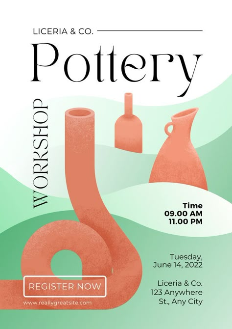 Modern and Creative Pottery Workshop Template Design, This customizable Canva template allows you to design fresh, interesting social content with a uniform look and feel that aligns with your brand at all times, this template can reach many audiences because very eye-catching. Get this template for free. Keywords: pottery, workshop, class, course, lesson, event, handcraft, ceramic, art, craft, information, announcement, marketing, education Announcement Poster Design, Class Poster Design, Workshop Template, Workshop Poster, Creative Pottery, Announcement Poster, Modern Exhibition, Class Poster, Pottery Lessons