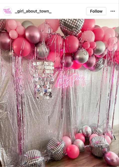 18th Birthday Disco Theme, Silver And Hot Pink Birthday Decorations, Hot Pink Disco Birthday Party, Hot Pink Disco Party Theme, Hot Pink Birthday Decorations Ideas, Pink And Silver Disco Party, Pink And Silver Party Ideas, Hot Pink 21st Birthday Ideas, Disco Themed Sweet 16