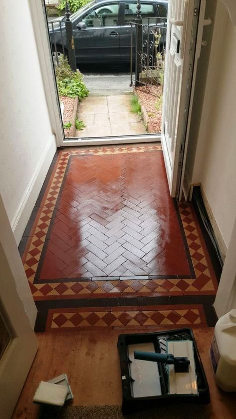 Patterned Penny Tile Floor, Quarry Tile Hallway, 1930s Staircase, Stone Flooring Pattern, Craftsman Foursquare, Flooring Ideas Tile, Tiled Entryway, Tiled Foyer, Tiled Hallway Floor