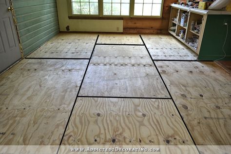 Plywood Subfloor Makeover, Plywood Sheet Flooring, Container Courtyard, Ply Flooring, Burnt Plywood Floor, Plywood Flooring Diy, Painted Plywood Floors, Plywood Floors, Zen Office