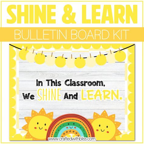 "Bring Summer Sunshine to Your Classroom with the \"Shine & Learn\" Sunshine Theme Bulletin Board Kit - Perfect for Doors, Classrooms, and School Decor! What's Included? Hassle-free setup Full-size letters and images NAME TAGS INCLUDED! Need a bigger size? Check your printer's setting.  Choose the POSTER option Ideal for: Bulletin Boards Classroom Doors Summer-themed Classrooms School Decor How to Use: Print the kit on sturdy paper or cardstock. Follow the assembly instructions for a swift and e Sunshine Bulletin Boards For School, Sunshine Classroom Door Ideas, Sun Bulletin Board Ideas, Shine Bright Classroom Theme, Sunshine Bulletin Board Ideas, Sunshine Bulletin Board, Sunshine Classroom Theme, Sun Bulletin Boards, Lil Rugrats