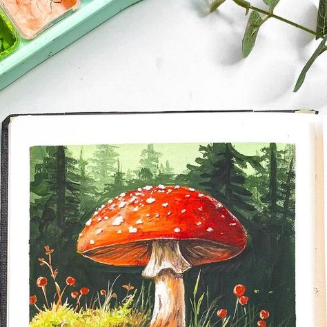 Mushroom Watercolor Paintings, Gouache Art Mushroom, Acrylic Paint Mushroom, Gouache Painting Mushrooms, Mushroom Land Painting, Watercolor Mushroom Forest, Mushroom Paint, Gouache Illustrations, Wild Mushrooms