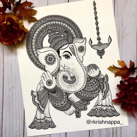 One more #repost of Lord #Ganesha in a conch - inspiration for this came from a Ganesha idol I saw on my friend Pinky's blog -… Lord Ganesha Art, Boho Art Drawings, Indian God, Mandala Art Therapy, Pen Art Drawings, Doodle Art Drawing, Mandala Art Lesson, Madhubani Art, Ganesha Art