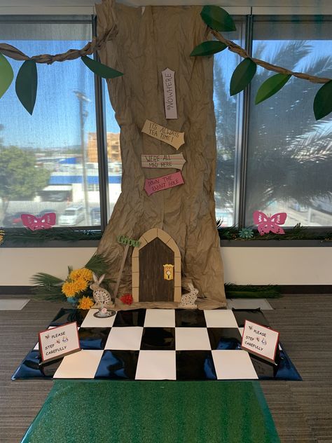 Alice In Wonderland Cubicle Decorations, Alice In Wonderland Library Display, Alice In Wonderland Tree, Tweedledee And Tweedledum, Flamingo Croquet, Rabbit Tea Party, Alice In Wonderland Play, Room Escape Games, Talking Flowers