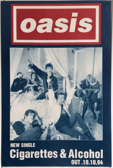 RARE ORIGINAL 1994 OASIS CIGARETTES & ALCOHOL POSTER   This is NOT A REPRODUCTION but a genuine 29-year-old original poster which I have had since it was put out in October 1994 to publicise the single Cigarettes & Alcohol. It is in immaculate condition, has never been displayed on a wall, so no marks, tears, fading  or wear other than light handling. It has been stored in a cardboard poster tube for over a quarter of a century!   Having run a London billposting company back in the day, we fly-posted these over the capital but a few were saved and I have a limited batch of these which I am now selling. This is your chance to own a genuinely rare and collectable piece of Oasis memorabilia you will not find anywhere else. The poster shows the band at the Halcyon Hotel in London; the single, Oasis Poster, Oasis Band, Definitely Maybe, The Gallaghers, Posters For My Room, Vintage Music Posters, Band Poster, Noel Gallagher, Silk Art