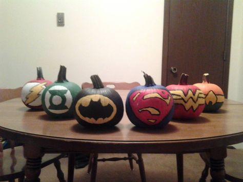 Justice League Pumpkins: I painted these pumpkins to use as decorations for the party (which we had during October). Iron Man Pumpkin Painting, Superhero Pumpkin, Trunk Or Treat Truck, Iron Man Pumpkin, Justice League Birthday Party, Trick Or Treat Ideas, Pumpkin Paintings, 90s Fashion Outfits Hip Hop, 90s Fashion Outfits Hip Hop Party