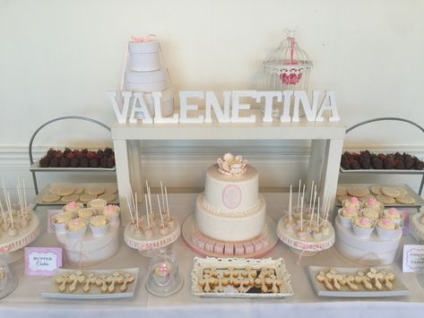 Beautiful elegant baby girl baptism-sweet candy bar Baptism Dessert Table, Food Table Ideas, Baptism Desserts, Treat Wall, Letter Cake Toppers, Letter Cake, Girl Baptism, Party Deco