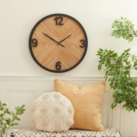 Light Brown Wood and Black Metal Industrial Wall Clock | World Market Industrial Clock Wall, Carved Wood Frame, Industrial Wood, Number 12, Wood Panels, Industrial Wall, Wall Finishes, Wood Wall Clock, Round Wall Clocks