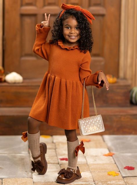 Toddler Sweater Dress With Boots, Picture Day Outfits, Brown Sweater Dress, Kids Winter Outfits, Brown Knit Sweater, Kids Winter Fashion, Kid Outfits, Neck Details, Toddler Fall