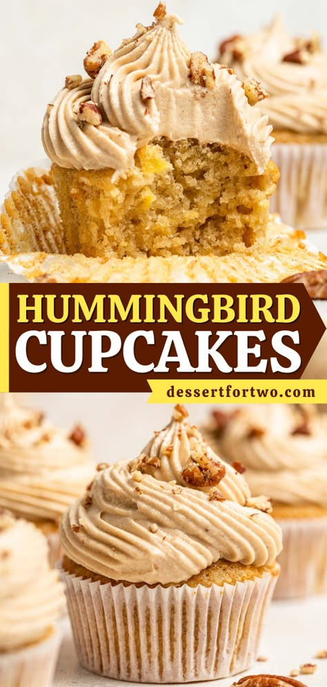 The BEST Hummingbird Cupcakes! This Easter dessert idea is a southern favorite. Not only are these spiced cupcakes full of pineapple, coconut, and pecans, but they are also topped with brown sugar cream cheese frosting. Save this easy spring recipe! Hummingbird Dessert, Hummingbird Cupcakes Recipe, Pecan Cupcakes Recipe, Hummingbird Recipe, Hummingbird Bakery Recipes, Bird Nest Cupcakes, Butter Pecan Cupcakes, Butter Pecan Cupcakes Betty Crocker, Hummingbird Cupcakes Southern Living