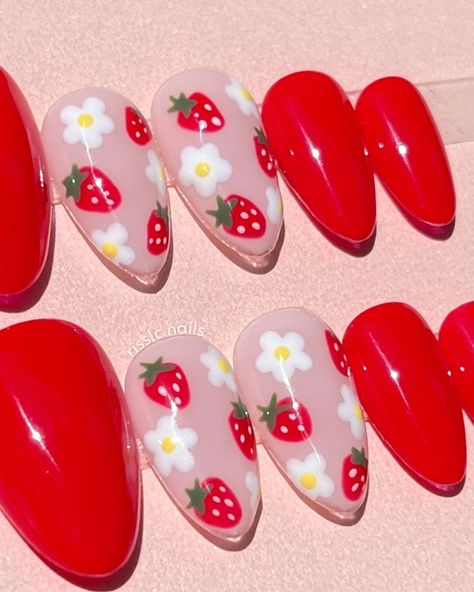 You know I loveee me a good fruit themed nail set 🥹🍓 • * Nude base color (perfectionist) and xs almond tips are from @esvynails * The red is lucky envelope from @apres • • • #Fruitnails #strawberrynails #rednails #almondnails #nailart #nailinspo #summernails #cutenails #funnails #pressons #pressonnails Strawberry Nails Acrylic, Almond Tips, Nails Acrylic Almond, Strawberry Nails, Berry Nails, Fruit Nails, Best Fruits, Dream Nails, Nails Acrylic