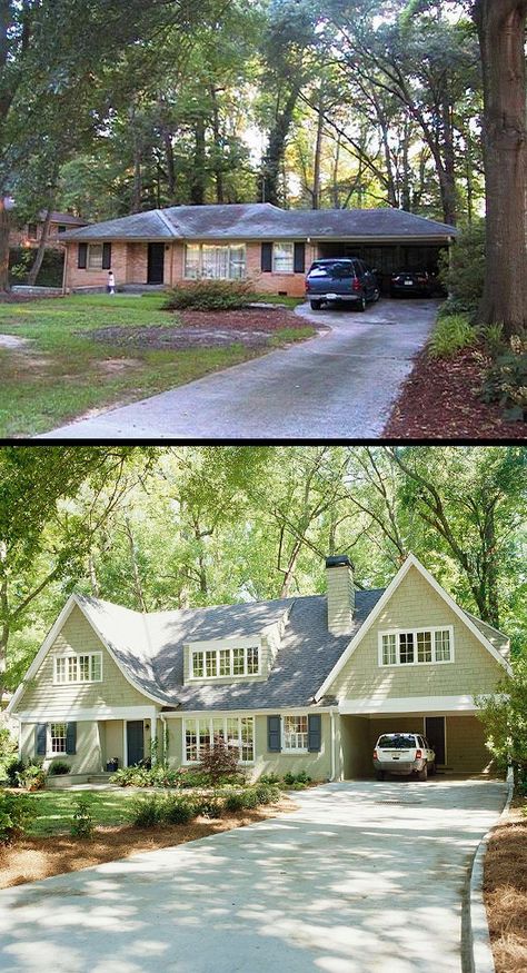 Before and after of a tired, brick, ranch. Hard to believe it's the same house! Exterior Remodel Before And After, House Exterior Before And After, Ranch Renovation, Second Story Addition, Ranch House Remodel, Exterior House Renovation, House Before And After, Exterior House Remodel, House Makeovers