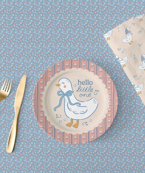 Hello Little One 🪿 How cute would a vintage goose baby shower theme be?! Using mockups I created a table setting and gift wrap with the Grandmas Vintage Geese art collection I designed. #babyshower #giftwrapdesign #surfacepattern #surfacedesignersofinstagram #surfacepatterndesign #pattern #patterndesign #womenofillustration #babytextile #babyclothing #artforlicensing Gardening Baby Shower Theme, Goose Baby Shower Theme, Goose Baby Shower Ideas, Mother Goose Baby Shower Ideas, Silly Goose Baby Shower Theme, Vintage Baby Shower Ideas, Vintage Baby Shower Theme, Geese Art, Goose Party