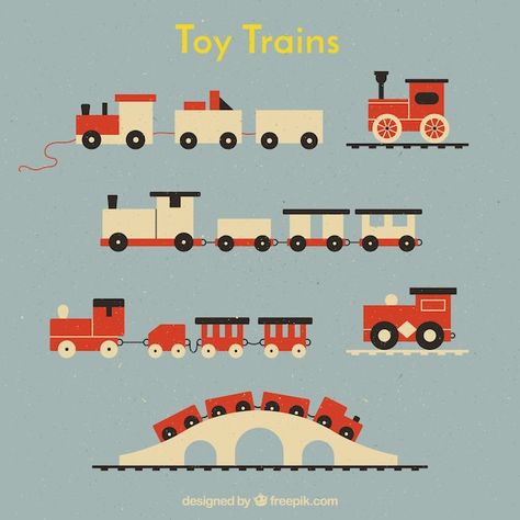 Pack of toy trains in flat design Free V... | Free Vector #Freepik #freevector #vintage #travel #design #train Christmas Toy Train, Train Cartoon, Train Vector, Train Illustration, Train Drawing, The Finder, Wood Train, Toy Trains Set, Toy Trains