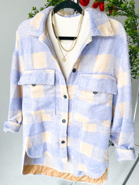 Purple Shacket, Spring Outfit 2022, Plaid Shacket Purple Shacket, White Shacket, Shacket Outfit, Outfit 2022, Plaid Shacket, Outfits 2022, Spring Outfit, Spring Outfits, Blue And White