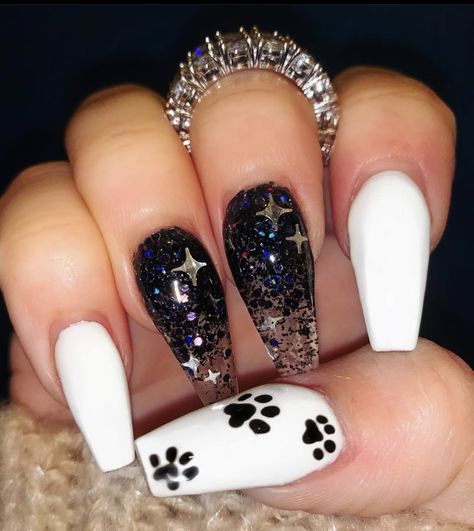 Black and white with black glitter dog paw inspired acrylic and gel nails Paw Print Acrylic Nails, Dog Acrylic Nails, Puppy Nails Designs, Black And White Glitter Nails, Puppy Nails, Acrylic And Gel Nails, Paw Print Nails, Paw Nails, Black And White Nail Designs