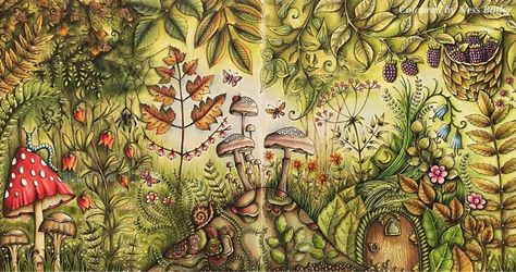 Secret Garden Coloring Book Finished, Enchanted Forest Coloring Book Johanna Basford, Magical Jungle Johanna Basford, Forest Coloring Book, Forest Coloring, Basford Enchanted Forest, Enchanted Forest Coloring Book, Joanna Basford Coloring, Johanna Basford Enchanted Forest