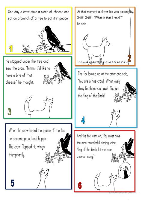 the fox and the crow - English ESL Worksheets for distance learning and physical classrooms The Fox And The Crow, Picture Story Writing, Picture Story For Kids, Small Stories For Kids, English Creative Writing, English Moral Stories, Moral Stories In Hindi, Fox Diy, Hindi Comics