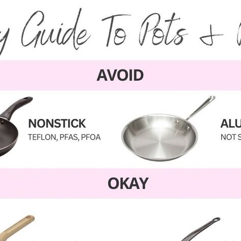 Kara 🍃 Nontoxic Living - Helping You Navigate A Toxic World on Instagram: "Quick guide to pots & pans! 🍳

Basically you want to avoid all the 'nonstick' cookware out there - it's often plagued with teflon and forever chemicals among other things.

Ceramic and copper are okay, but be careful when purchasing to make sure they are either purely made from ceramic or for copper are lined with stainless steel.

Your best options are cast iron or stainless steel!

❤️ COMMENT 'cookware' and I'll DM you a link to shop my favorites on Amazon!

🎉 FOLLOW for more nontoxic living tips + LINK IN BIO for additional resources @organicmindedmom 

#nontoxic #nontoxicliving #lowtox #lowtoxliving #lowtoxic #toxinfree #toxinfreeliving #toxinfreehome #cookware #nontoxiccookware" Forever Chemicals, Nontoxic Living, Non Toxic Cookware, Toxin Free Living, Toxic Products, Nonstick Cookware, Pots Pans, Toxin Free, Living Tips