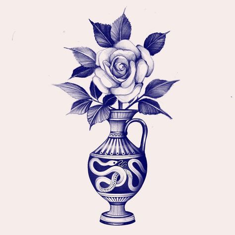 G U S H 구 쉬 on Instagram: “- Rose” Flower Pot Tattoo, Vase Tattoos, Illustrative Blackwork, Vase Drawing, Vase Illustration, Blue Ink Tattoos, Vase Tattoo, Roses Vase, Best Leg Tattoos