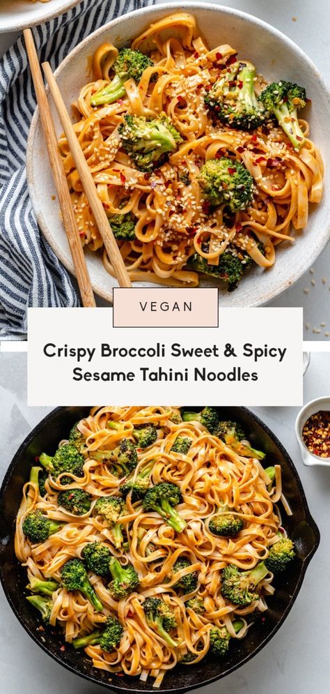 Incredible, sweet and spicy tahini noodles with crispy broccoli that take just 30 minutes to make for the perfect weeknight dinner! These vegan tahini noodles have a delicious homemade sweet and spicy sauce and are the best meatless Monday meal. Easily choose your spice level and customize with your fav proteins! Tahini Noodles, Crispy Broccoli, Sweet And Spicy Sauce, Meatless Monday Recipes, Tahini Sauce, Spicy Sauce, Broccoli Florets, Meatless Monday, Asian Cooking