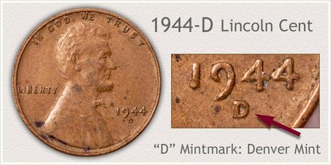 1944-D Lincoln Penny | D Mintmark Identifies Variety Penny Price, Penny Value Chart, Old Coins Price, Wheat Penny Value, Nephilim Giants, Old Pennies Worth Money, Pennies Worth Money, Rare Pennies, Penny Values