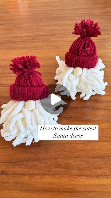 Maïlys | Home Decor | Affordable | DIY on Instagram: "How to Make Mini Santa / Elf 🧑‍🎄 !

Let’s create the cutest mini Santa / elf this holiday season! 🎅✨

Here’s how:
1️⃣ Hat Base: Cut a small circle out of a paper roll.
2️⃣ Hat Design: Use red wool. Fold each piece in half and loop it around the paper circle. Repeat until the entire ring is covered. Push the wool ends inside the circle to form the base of the hat. Add some paper towel inside for shape, tie a piece of wool at the top, and trim the ends to make a pompom. 🎀
3️⃣ Beard: Tape two chopsticks on the table, then roll white wool between them to create the beard. Secure it in the middle with a knot, trim the ends, and shape it into a fluffy ball.
4️⃣ Final Touches: Glue the hat to the beard. Add a beige pearl under the hat for Elf Hat Diy, Wool Santa, Make A Pompom, Paper Circle, Santa Beard, Diy Wool, Santa Crafts, Santa Head, Santa Elf