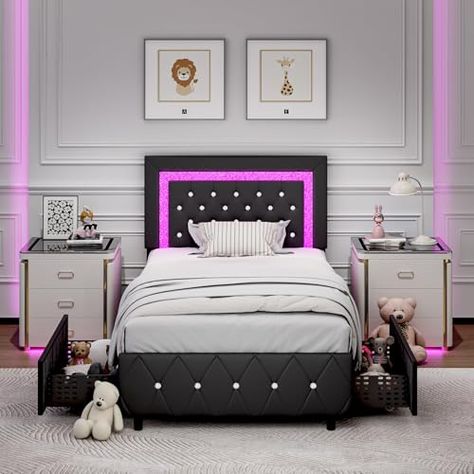 Twin Size Bed With Storage, Twin Bed Ideas, Black Twin Bed Frame, Kids Twin Bed Frame, Twin Bed Frames, Modern Upholstered Beds, Led Bed, Kids Twin Bed, Bed Wooden