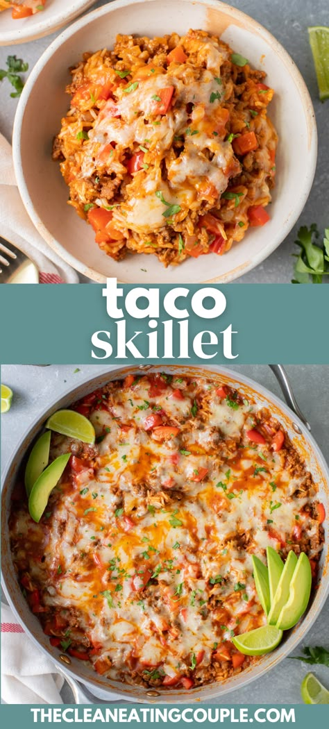 The Best Taco Skillet Recipe! This Taco Skillet Dinner is loaded with ground beef, veggies and rice. An easy one pan, cheesy, healthy dinner! College Supper Ideas, Southwest Skillet Chicken And Rice, One Pot Taco Rice, Toni Recipes, Ground Turkey Taco Casserole, Southwest Ground Beef, Chicken Taco Skillet, Skillet Recipes Healthy, Taco Skillet Dinner