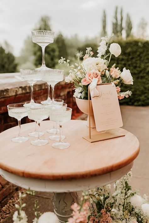 Champagne Tower Drink Table Flowers Hodsock Priory Wedding Gabrielas Photography and Film #wedding #drinks Wedding Drink Table, Champagne Tower Wedding, Elegant Wedding Theme, Paris Theme Wedding, Nude Wedding, Elegant Wedding Themes, Foto Inspo, Wedding Drinks, Fall Bridesmaids