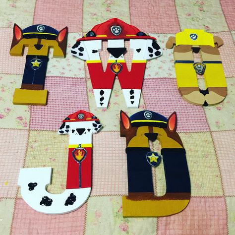 Paw patrol wooden letters for JD's second birthday. Any theme can be done. Please follow @MyCraftyCyn on Instagram. Www.instagram.com/mycraftycyn Paw Patrol Wooden Letters, Paw Patrol Name Letters, Paw Patrol Letters, Paw Patrol Room, Paw Patrol Bedroom, Wooden Letter Ideas, Letters Ideas, Gold Office Decor, Wooden Letters Decorated