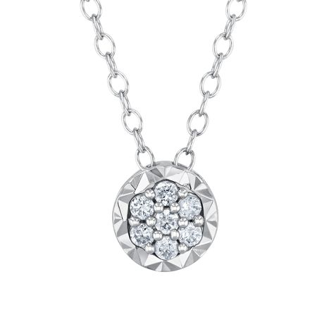 Add sparkle to your neckline with this glistening pendant necklace. Crafted in sterling silver, this pendant features a cluster of round diamonds set together for a bigger, bolder look. The diamonds are 1/10ctw, I in color, and I2 in clarity. This pendant measures 6.5mm in diameter and suspends from a sterling silver chain that can be worn at 16, 17, or 18 inches in length. Round Diamond Setting, Pendant Diamond, Fashion Pendant, Sterling Silver Necklace Pendants, Bridal Ring, Gold Jewelry Fashion, Silver Pendant Necklace, Sterling Silver Chain, Bridal Rings