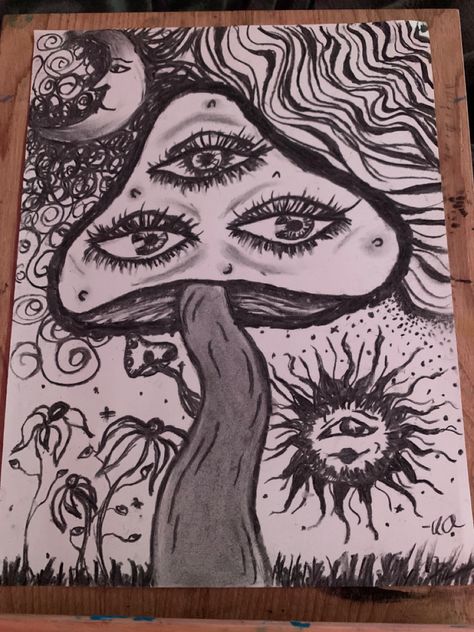 Surrealism Art Ideas Easy, Exotic Drawing Sketch, Surreal Drawing Ideas Creative, Crazy Drawings Trippy, Eyes Doodle Art, Mushroom Pen Drawing, Hippy Drawings, Pen Work Drawings, Aura Drawings