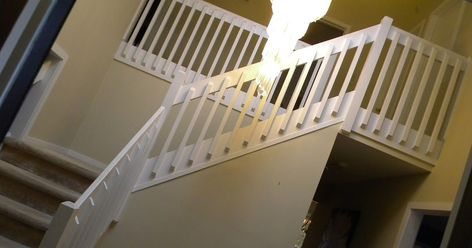 BEFORE         BEFORE            AFTER      AFTER      AFTER            AFTER       Custom Stair Replacement Doylestown PA  This customer ... 80s Staircase Remodel, 80s Contemporary House, Garfield House, Stair Redo, Stairway Makeover, Banister Remodel, Gas Fireplace Ideas, Painted Staircase, Stairs Rails