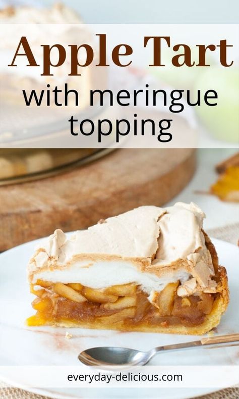 Apple tart with meringue topping. It's a pastry crust filled with sauteed apples, that are flavored with vanilla and cinnamon, then topped with meringue, which is crispy on the outside and soft on the inside. #appletart #applepie #meringue #apples