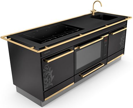 Black And Gold Fridge, Black Kitchen Decor Ideas, Kitchen Aesthetic Black, Kitchen Interior Black, Aesthetic Black Kitchen, Black Kitchen Interior, Black Kitchen Aesthetic, Black Kitchen Decor, Modern Kitchen Appliances