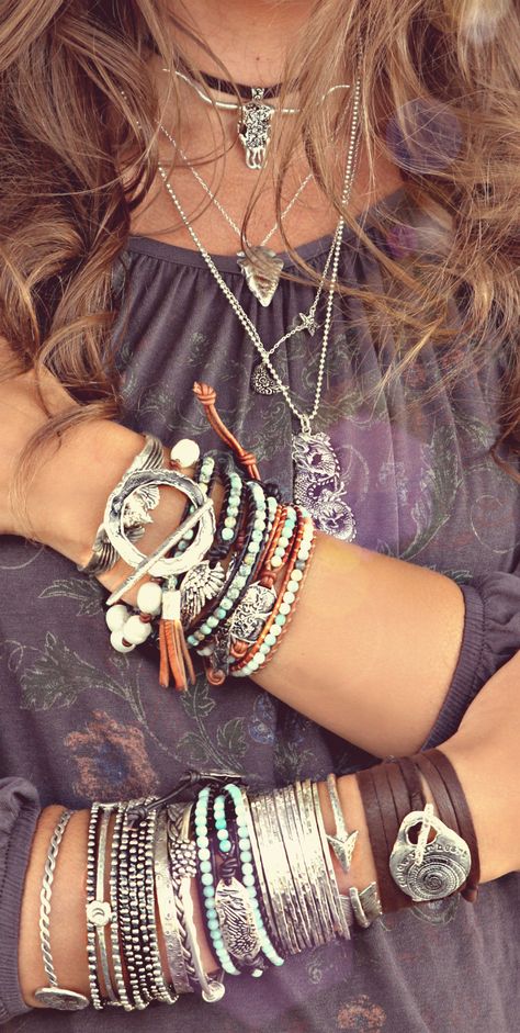 Crushing on HappyGoLicky stacking bracelets for a boho chic allure. COMPLETE GORGEOUSNESS! 💞 Wearing Lots Of Jewelry, Modern Hippy Outfits, Cheap Hippie Style Bracelet, Silver Boho Jewelry Hippie Bohemian, Bohemian Jewelry Chain As Fashion Accessory, Bohemian Assorted Bracelets, Modern Hippie Fashion, Hippie Multi-strand Jewelry For Gifts, Bohemian Schick