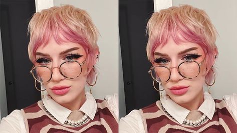 Dyed Pixie Cut, Pixie Cut Color, Coloured Pixie Cut, Pixie Hair Color, Short Hair Outfits, Color Block Hair, Hairstyles With Glasses, Chin Length Hair, Halo Hair