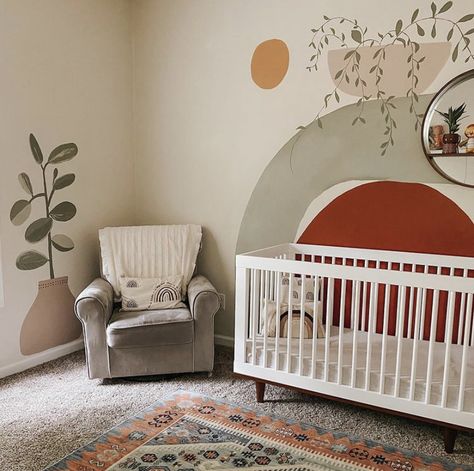 Terracotta Nursery Accent Wall, Paint Arch Behind Crib, Painted Arch Accent Wall Nursery, Painting Living Room Ideas, Boho Arch Wall Paint Nursery, Nursery Mural Ideas, Sun Nursery Mural, Kids Room Wall Paint, Nursery Wall Painting