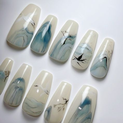 🩵 Egret 🤍 Chinese Painting themed intricate tier mystery set Place an order or shop at janetsnails.com ✨ #nailinspo #naildesign #pressons #pressonnails #paintednails #chinesepaintingnails #naturenails #nails2inspire Chinese Theme, New Nail Art Design, Design Theme, Creative Freedom, New Nail Art, Place An Order, Nail Paint, Chinese Painting, Nail Artist