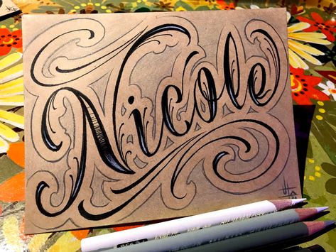 Name Sketches Art, Nicole In Graffiti, Name Drawings Creative Ideas, Drawing Names Ideas Letters, Nicole Tattoo, Nicole Tattoo Name, Name Art Drawing, Name Drawing Ideas, Good First Tattoos