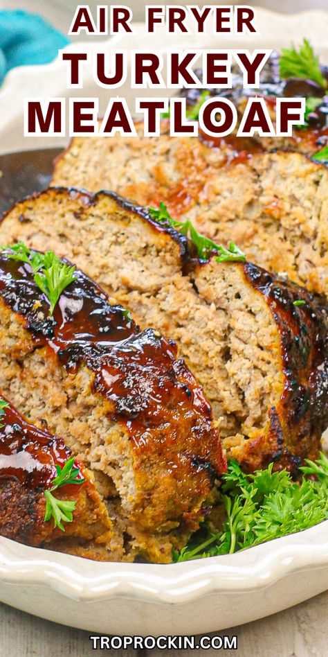 This air fryer turkey meatloaf is ready in just 30 minutes. Juicy and tender, it's one of my fav air fryer recipes! Seasoning, breadcrumbs, egg, milk, ketchup and more gives this air fryer turkey meatloaf recipe a delicious flavor and it keeps the meatloaf moist. Airfryer Ground Turkey Recipes, Ground Turkey Meatloaf Air Fryer, Airfryer Turkey Meatloaf, Turkey Chops In Air Fryer, Air Fryer Turkey Meatloaf Recipe, Air Fried Meatloaf, Ground Turkey Recipes Air Fryer, Air Fryer Ground Turkey Recipes, Ground Turkey Air Fryer Recipes