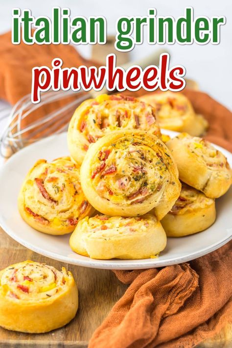 Italian Grinder Pinwheels - Life With The Crust Cut Off Grinder Pinwheels, Italian Pinwheels, Italian Grinder, Italian Rolls, Cafe Designs, Pinwheel Sandwiches, Cowboy Beans, Spicy Salad, Banana Peppers